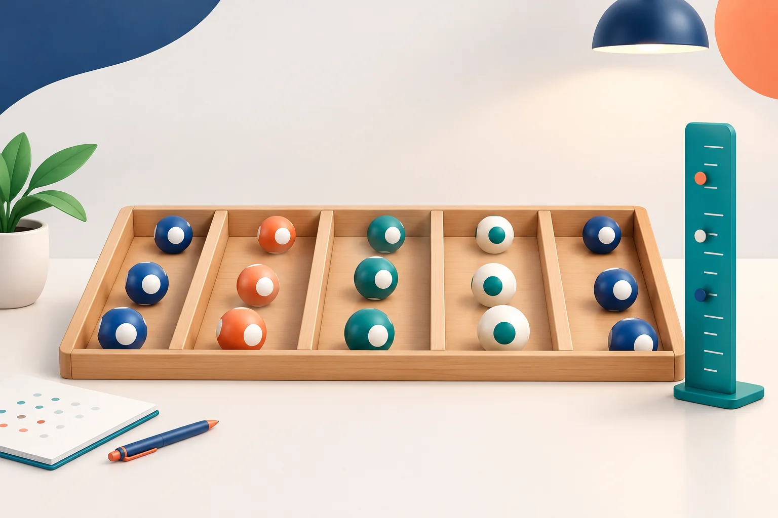 Bolas organizadas em faixas com espaços entre aparições, representando a comparação dos intervalos de ausência.