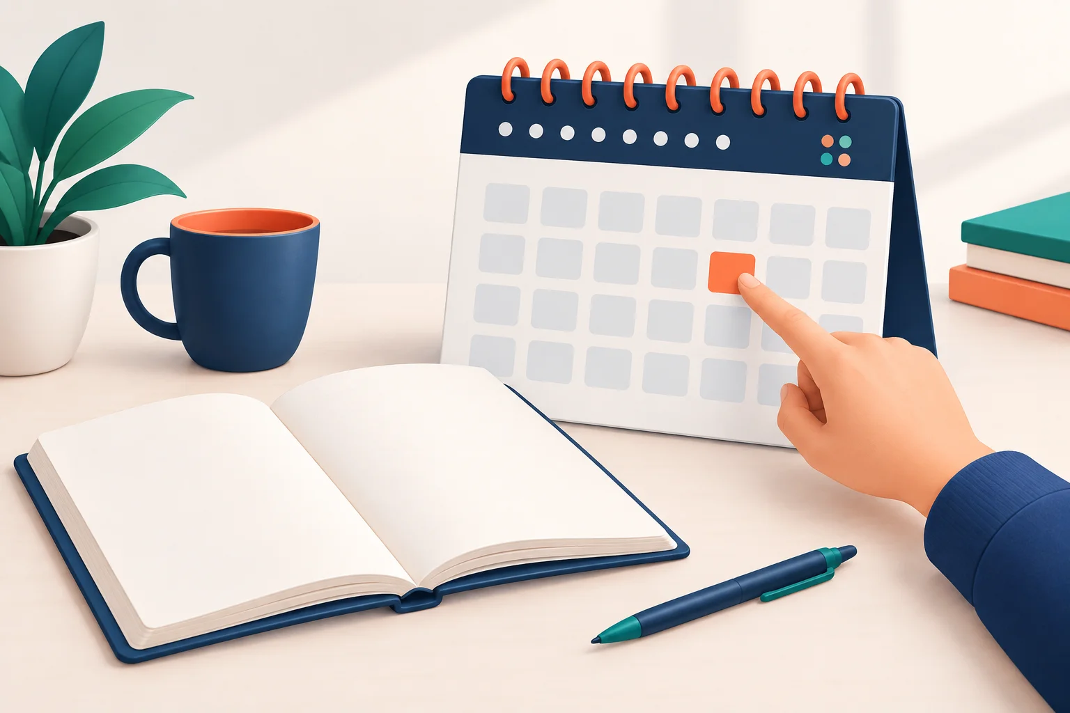 Mão apontando para uma célula de calendário ao lado de um caderno, representando buscas por data ou assunto.
