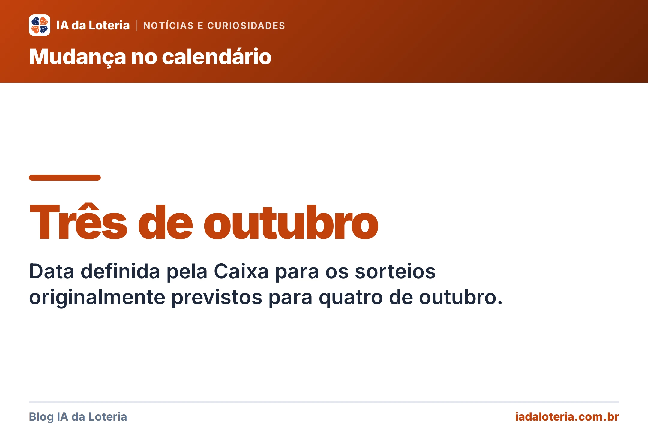 Destaque: Três de outubro — Data definida pela Caixa para os sorteios originalmente previstos para quatro de outubro.