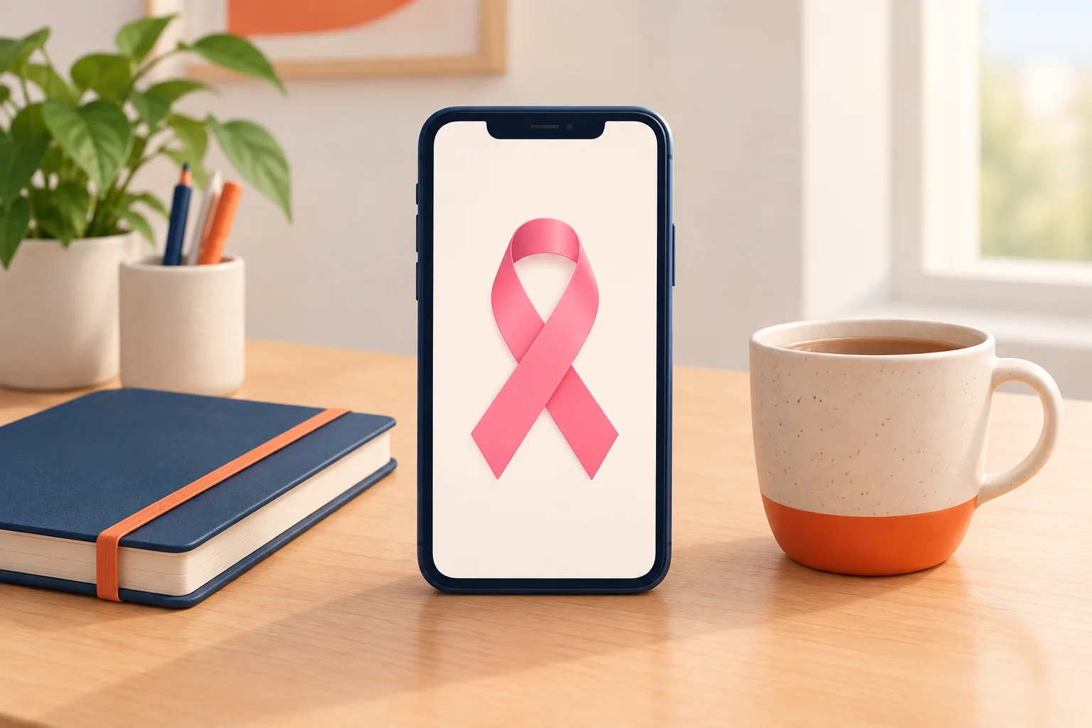 Celular com símbolo de conscientização sobre o câncer de mama em uma mesa doméstica.