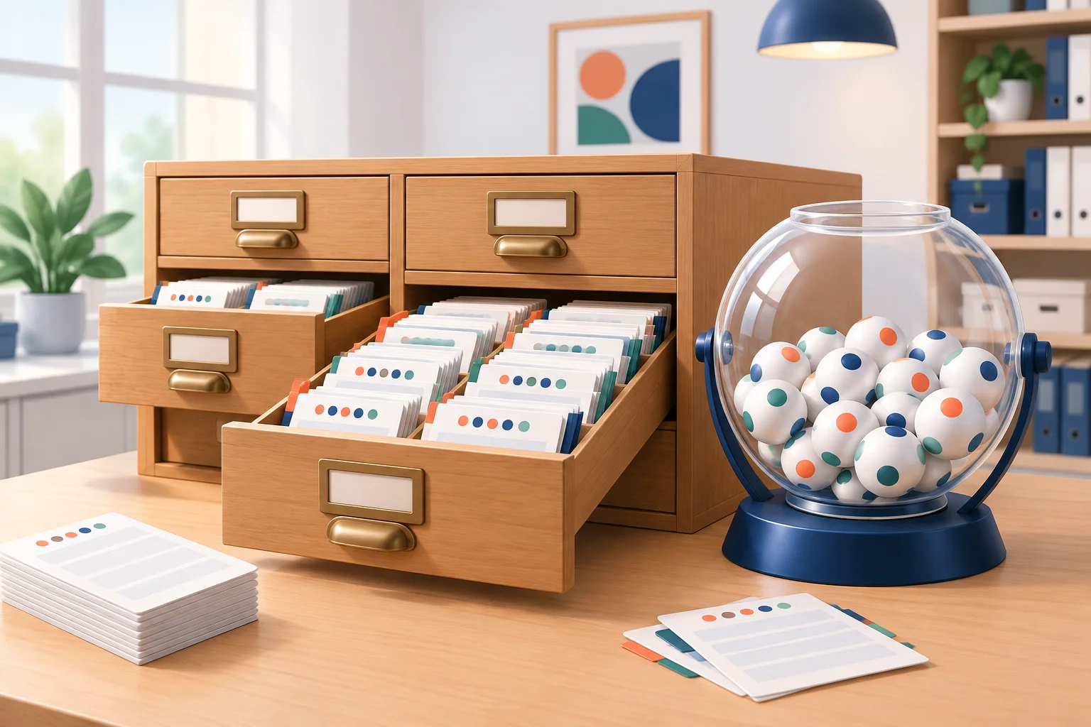 Arquivo de resultados com cartões sem inscrições e um recipiente com bolas de sorteio.
