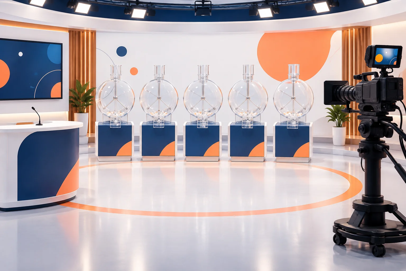 Equipamentos de sorteio e câmera preparados em estúdio vazio para a transmissão dos concursos.