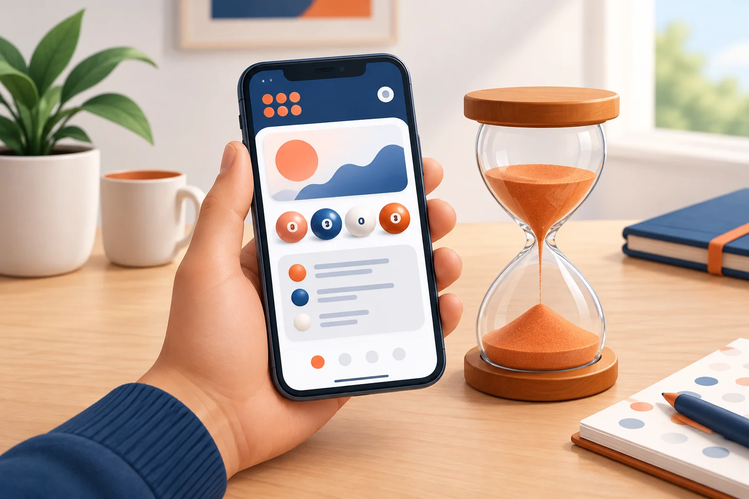 Celular ao lado de ampulheta representa a atenção aos prazos antecipados de apostas e bolões digitais.