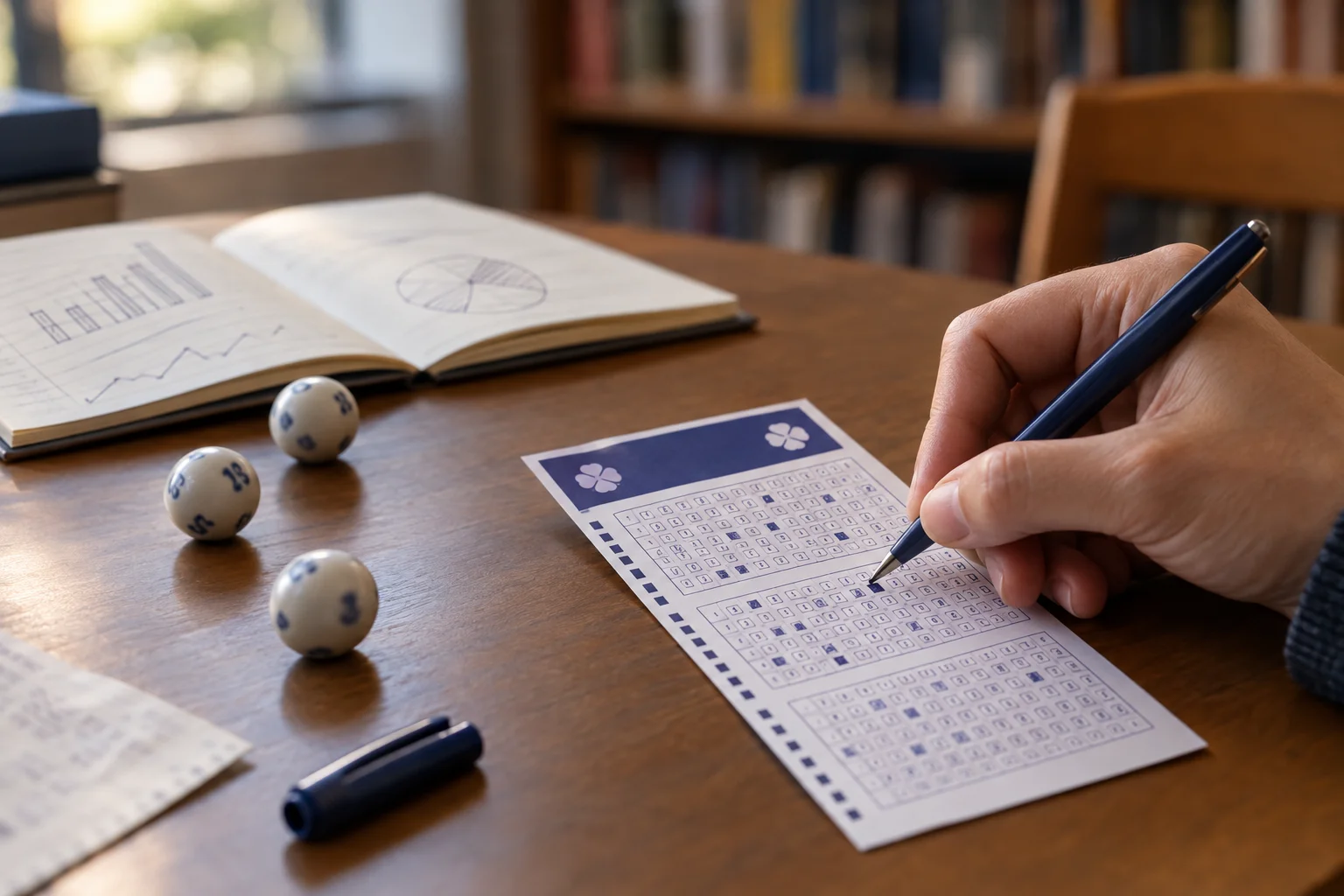 Uma mão marca um volante da +Milionária com caneta, ao lado de bolas da loteria e um caderno aberto numa mesa de estudo.