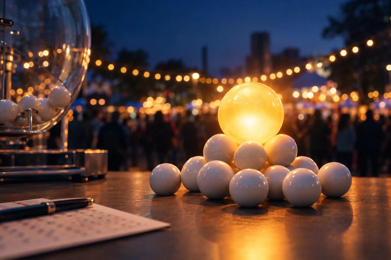 Uma esfera luminosa crescendo acima de bolas de loteria sem números