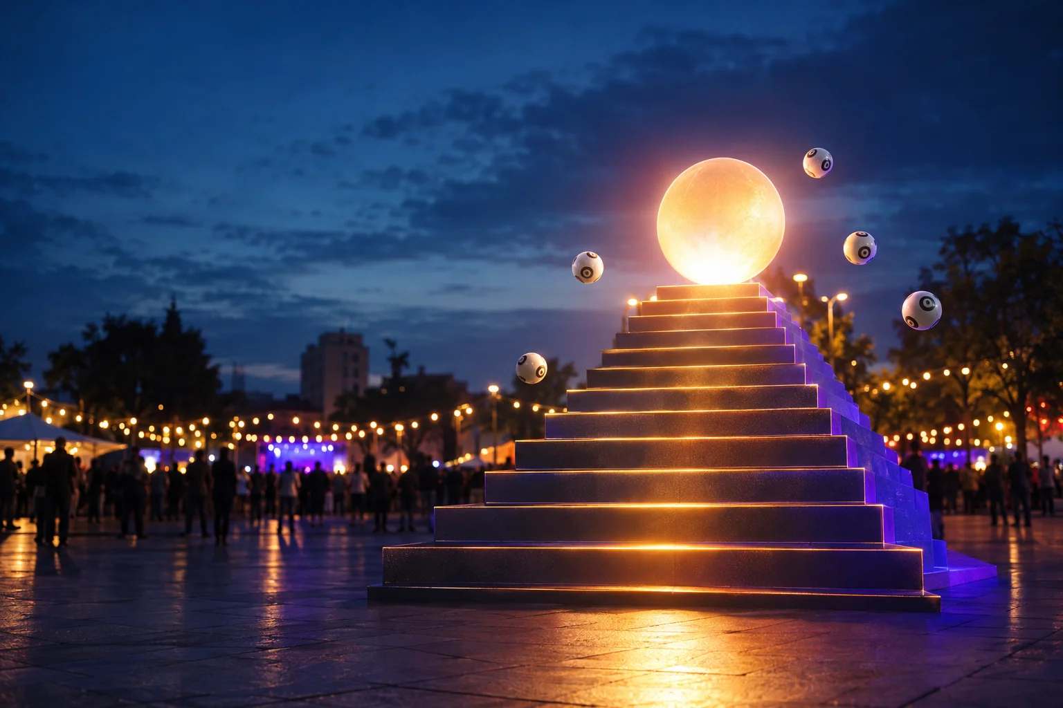 Esfera luminosa crescendo acima de uma escadaria, com bolas de loteria sem números ao redor