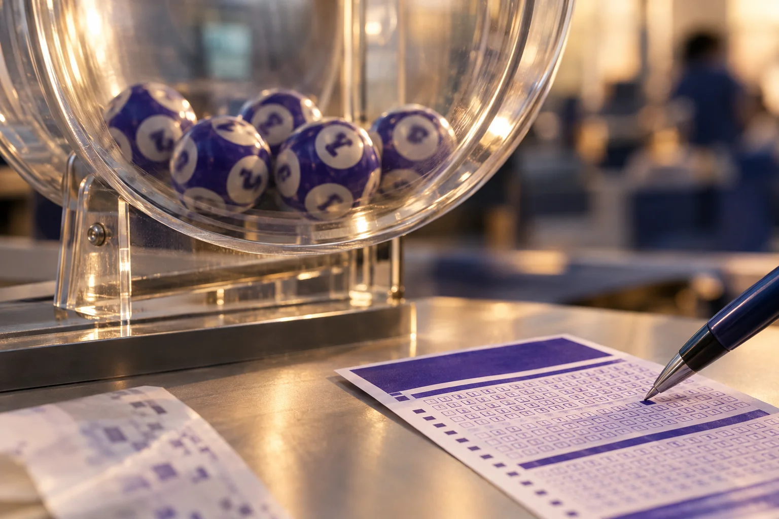 Bolas da Quina no globo de sorteio, com um volante ao lado na sala de preparação.