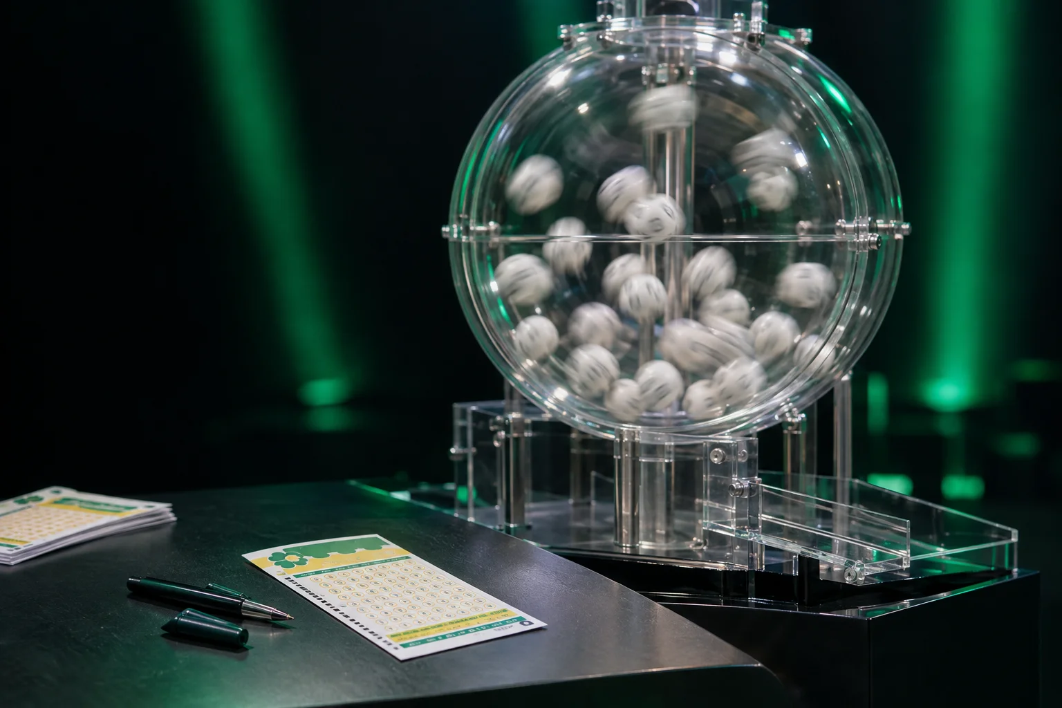 Globo do sorteio da Timemania com as bolas girando ao lado de um volante sobre uma mesa