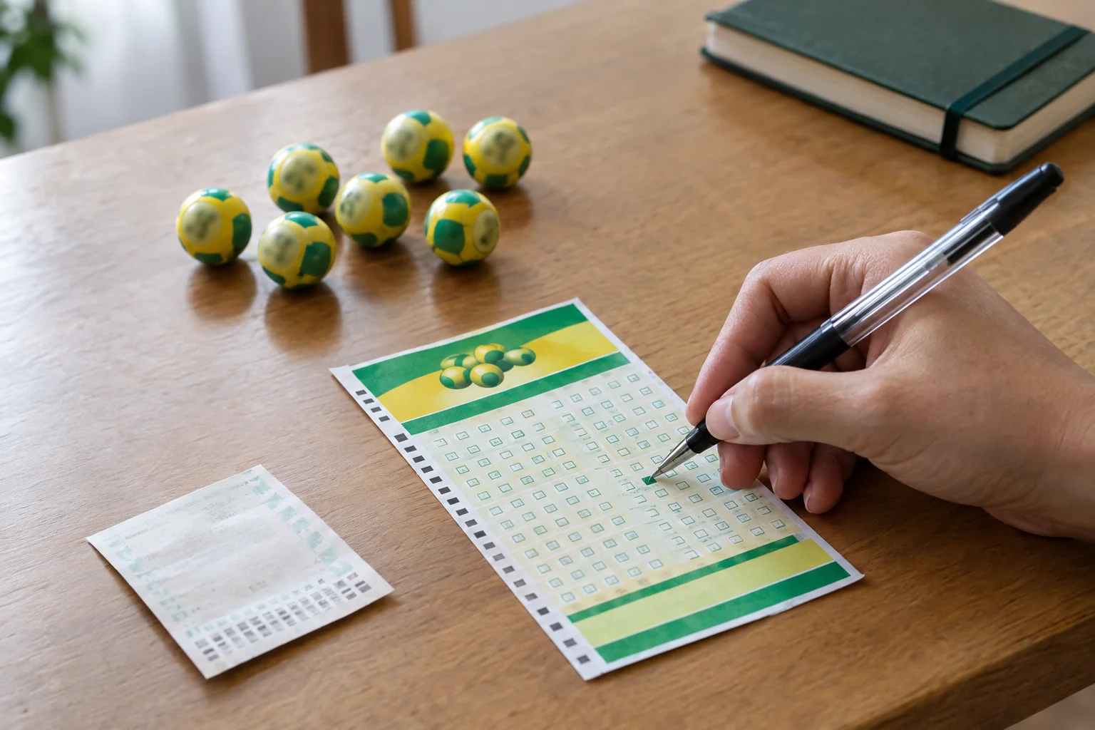 Uma mão marca um volante da Timemania com caneta à mesa, com um caderno fechado ao lado.